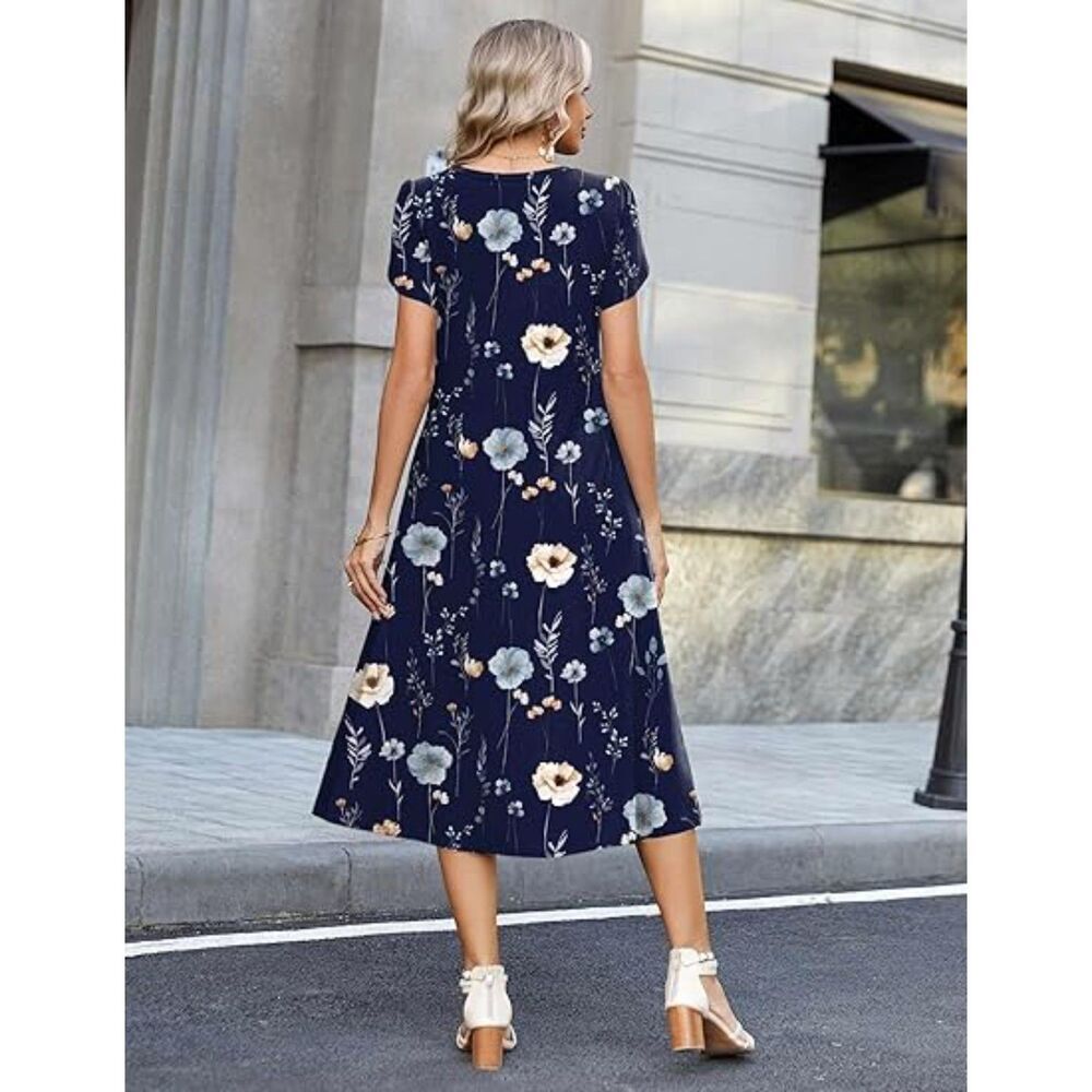 WomenNavy Floral Blend Crew-Neck A-Line Short Sleeve Flowy Dress Boho Sundress - Picture 3 of 6